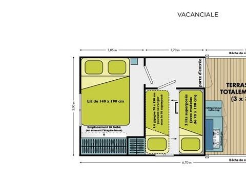 CANVAS BUNGALOW 5 people - Cabane Nature 2 bedrooms-without sanitary facilities-covered terrace-19m²-without TV