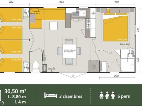 MOBILE HOME 6 people - Homeflower PREMIUM with Jacuzzi - 30,5m² (3 bedrooms) + terrace + TV + Plancha + Air conditioning