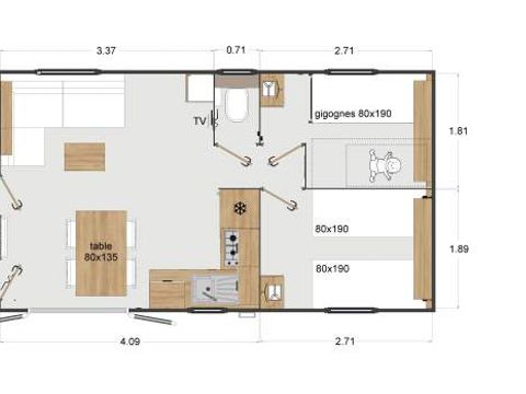 MOBILHOME 6 personnes -  Premium 33m² 3 chambres + Terrasse + TV + LV + BBQ + Quartier Piéton