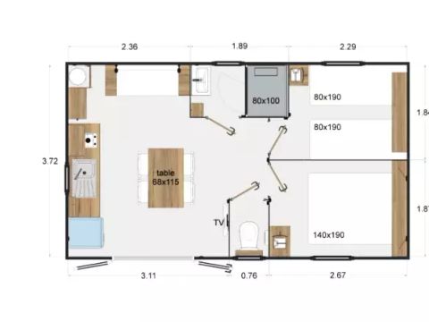 MOBILHOME 4 personnes - Cabane Premium 3 Pièces 4 Personnes Climatisée+ TV