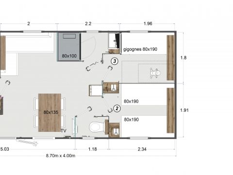 MOBILHOME 6 personnes - Mobil-home riviera Confort 32m² - 3 chambres + Terrasse + TV + Climatisation