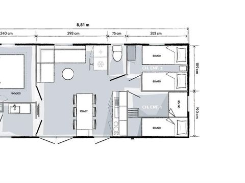 MOBILHOME 6 personnes - Mobil home CONFORT PLUS 3 chambres 8.81mx4m (33m²) + climatisation + lave vaisselles + terrasse + tv