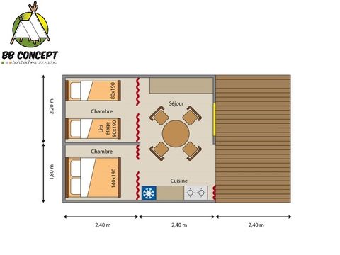 TENTE TOILE ET BOIS 4 personnes - Lodge Breizh Koban CONFORT 19m² (sans sanitaires) (2ch-4pers) + Terrasse semi-couverte 10m²