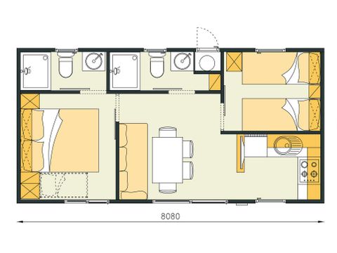 MOBILHOME 6 personnes - Comfort XL | 2 Ch. | 4/6 Pers. | Terrasse surélevée | 2 SDB | Clim. | TV