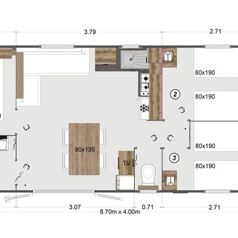 Stacaravan 8 personen - Premium+ 6/8 pers. 35 m² - Airconditioning - 3 slaapkamers - Mooi terras