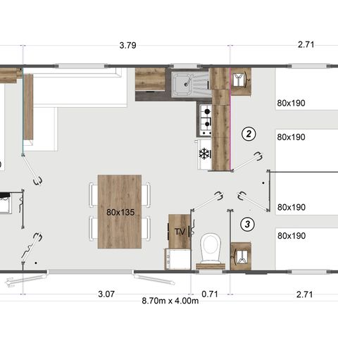 Mobilheim 8 Personen - Premium+ 6/8 pers. 35 m² - Klimaanlage - 3 Zimmer - Schöne Terrasse