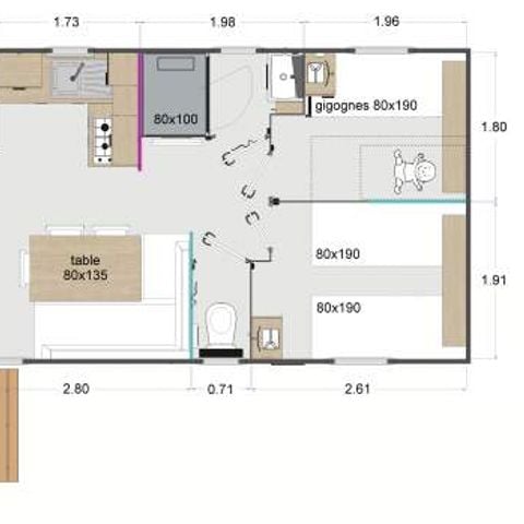 MOBILHOME 6 personnes - Mobil Home Lodge 83 Confort plus 3 chambres - 28 m² + terrasse intégrée de 8 m