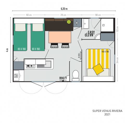 MOBILHEIM 4 Personen - Mobilheim 4 plus - 22m² - 2 Schlafzimmer, halboffene Terrasse