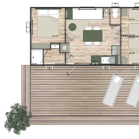 MOBILHEIM 6 Personen - NEU - 3 Schlafzimmer mit Klimaanlage, TV, Geschirrspüler - 34m²