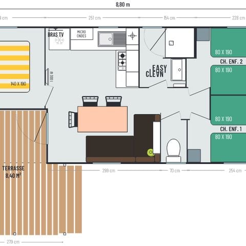 CASA MOBILE 6 persone -  Loggia Confort 27,6m² (3 letti-6 persone) + Terrazza coperta 8m² + TV + Aria condizionata