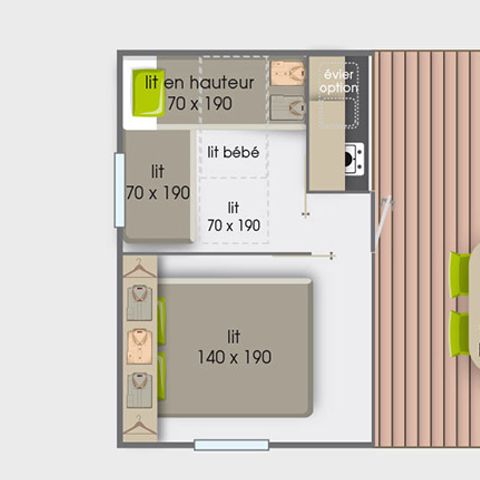 BUNGALOW DE LONA 5 personas - Tithome 21m² - Estándar - 2 habitaciones - Sin instalaciones sanitarias - Terraza cubierta