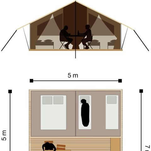 Safaritent 5 personen - Lodge tent - geen sanitair, geen verwarming - 2 kamers