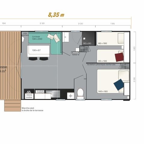 MOBILHOME 4 personas - Premium 25 m² con terraza cubierta - 2 dormitorios + TV + Lavavajillas + Barbacoa