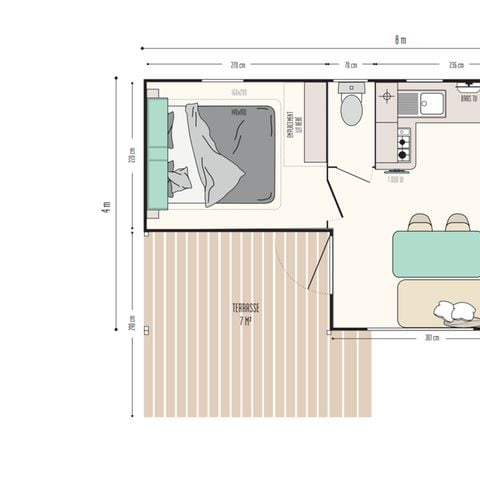 MOBILHOME 4 personas - 25m² Premium (2bed-4p) incluyendo terraza semi-cubierta + TV + LV + BBQ