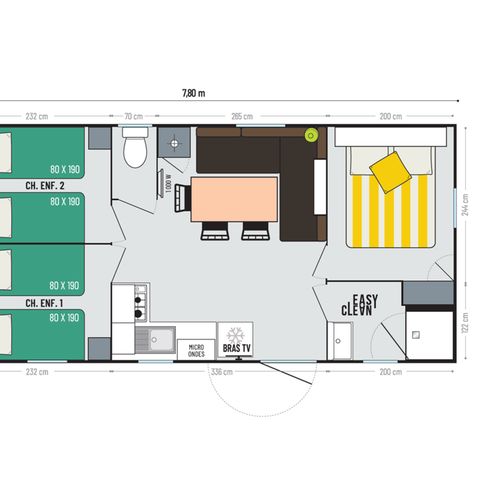 MOBILHOME 6 personnes - Confort 27m² 3 chambres + terrasse sur pilotis