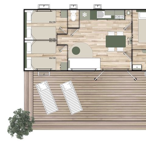 MOBILHOME 7 personas - Mobil home 35m² Premium (3 habitaciones) + Terraza + BT + TV + Aire acondicionado