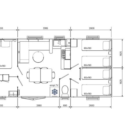 MOBILHEIM 6 Personen - Premium-Bereich 32/33m² + Klimaanlage + TV + Überdachte Terrasse