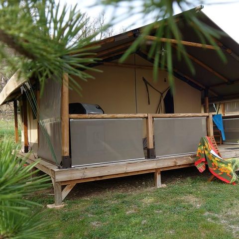 TENDA IN TELA E LEGNO 5 persone - Tenda Safari 30m² COMFORT 2 camere da letto + terrazza coperta + barbecue