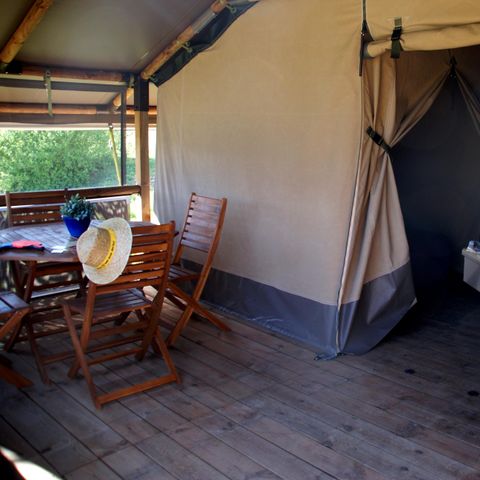 TENDA IN TELA E LEGNO 5 persone - Tenda Safari 30m² COMFORT 2 camere da letto + terrazza coperta + barbecue