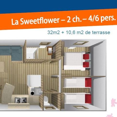 BungalowTent 5 personen - Sweet Flower 32m² PREMIUM 2 kamers + overdekt terras