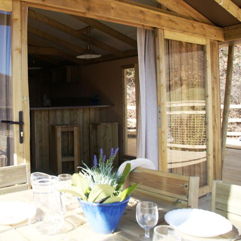 BungalowTent 5 personen - Sweet Flower 32m² PREMIUM 2 kamers + overdekt terras