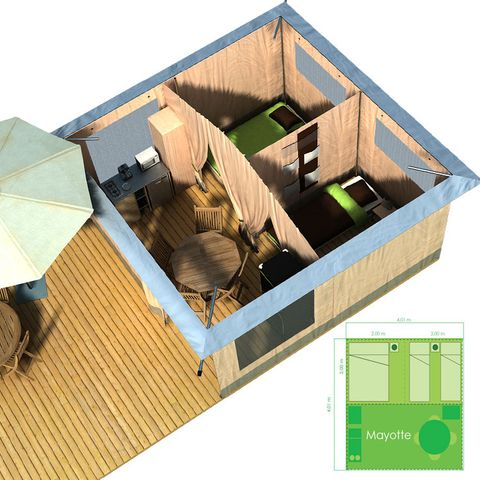 BungalowTent 4 personen - Standaard 16m² - 2 slaapkamers - geen badkamer