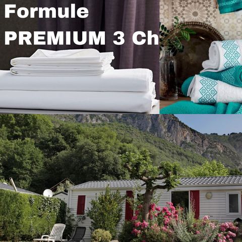 MOBILHEIM 6 Personen - Formel PREMIUM - Mobilheim mit 3 Schlafzimmern = Bettwäsche + Handtücher + Endreinigung