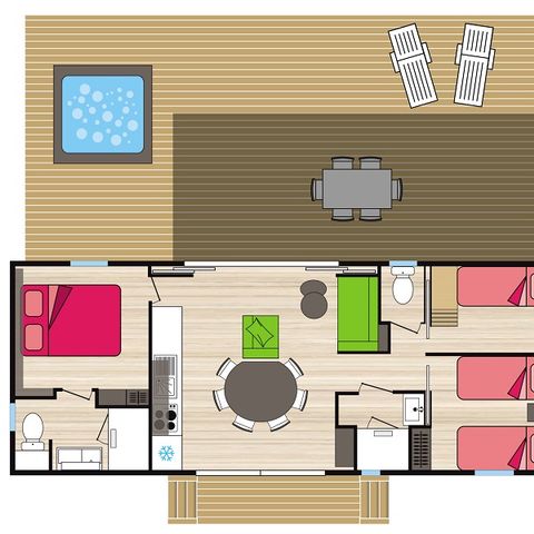 STACARAVAN 6 personen - Premium - Le Caroux - 40 m2 - 3 slaapkamers - 2 badkamers - spa - zaterdag