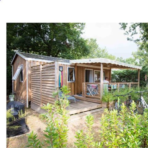 Stacaravan 6 personen - PREMIUM Bois 33m² - 3 kamers + overdekt terras + TV + BBQ + SOLARIUM