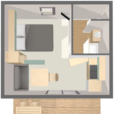 Chalet 2 personen - PREMIUM 24m² (1 slaapkamer in de woonkamer) inclusief overdekt terras + TV