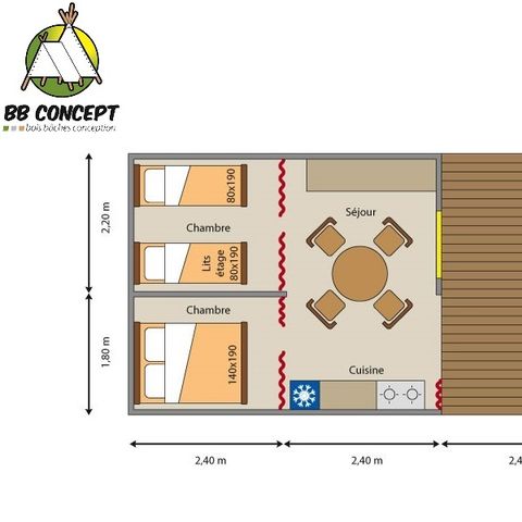 SAFARIZELT 4 Personen - Lodge Breizh Koban CONFORT 19m² (ohne Sanitäranlagen) (2Sch-4Pers) + Halbüberdachte Terrasse 10m².