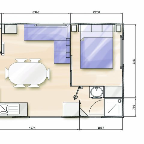 Stacaravan 6 personen - Standaard 32m² (3 slaapkamers) + onoverdekt terras 10m² + TV