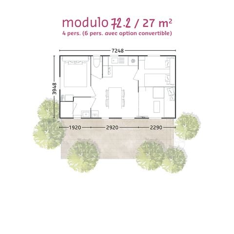 Stacaravan 6 personen - BAHIA MODULO 27m² - 4/6 slaapplaatsen - 2 kamers - Overdekt terras