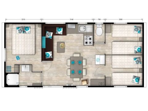 MOBILHEIM 6 Personen - Mobilheim | Premium | 3 Schlafz. | 6 Pers. | Erhöhte Terrasse | Klimaanlage | TV