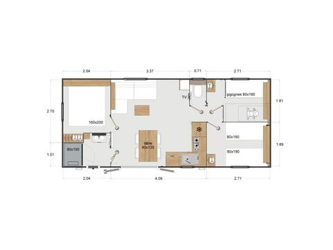 MOBILHOME 6 personnes -  Premium 33m² 3 chambres + Terrasse + TV + LV + BBQ + Quartier Piéton