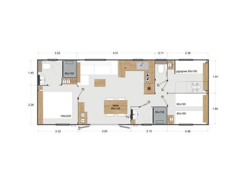 MOBILHOME 6 personnes - Premium 37m² 3 chambres + Terrasse + TV + LV + BBQ + 2SDB + Quartier Piéton