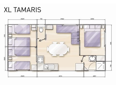 Stacaravan 6 personen - Comfort 32m² (3 kamers) + onoverdekt terras 10m² + TV 6 pers.