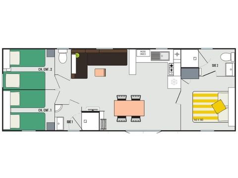 Stacaravan 6 personen - Confort+ 6 slaapplaatsen 3 slaapkamers 2 badkamers 40m² leefruimte