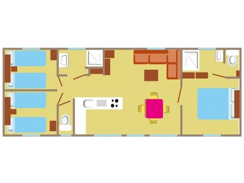 Stacaravan 6 personen - Confort+ 6 slaapplaatsen 3 slaapkamers 2 badkamers 40m² leefruimte