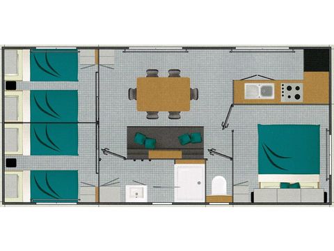 MOBILHEIM 8 Personen - PRIVILEGE 34-3 - max. 6 Erwachsene - Fernseher, 3 Schlafzimmer (Bett 160*200), ca. 34m², Geschirrspüler, Toaster, Espressomaschine, 2 Liegestühle